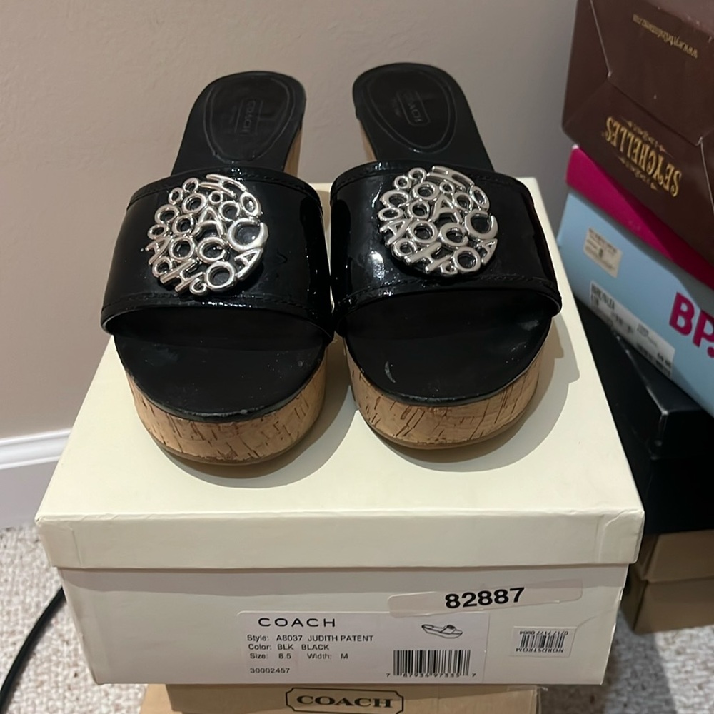 Coach black patent wedge